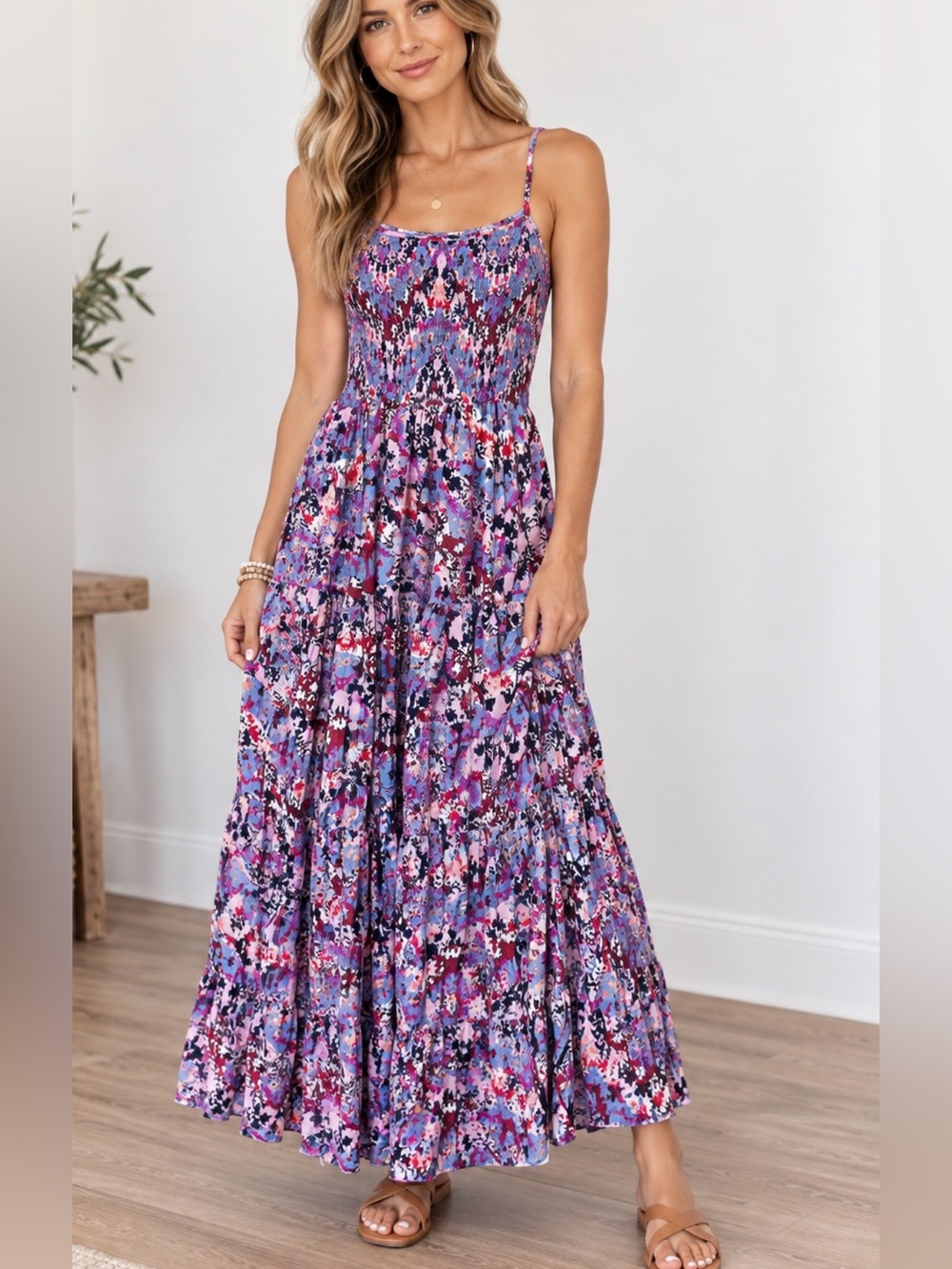 New Able the label M Vienna smocked tiered lilac dream floral midi dress boho